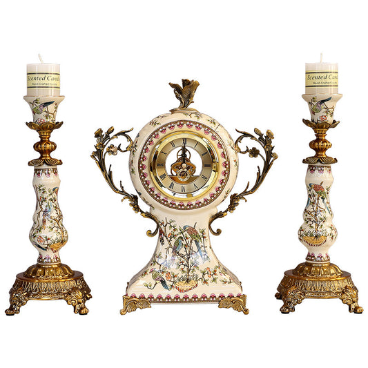Ceramic Mantel Clock Set with 2 Candle Holders, Bird Floral Design