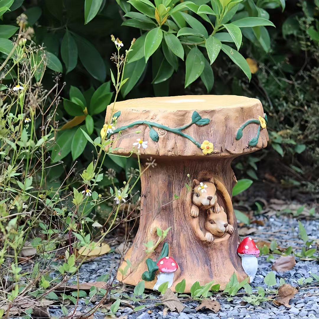 Tree Stump Stool 13 Inch, Squirrel Mushroom Garden Seat and Outdoor Decor