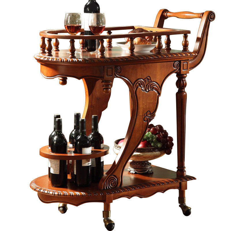 Solid Wood Bar Cart with Wine Storage, Serving Tray and Locking Wheels
