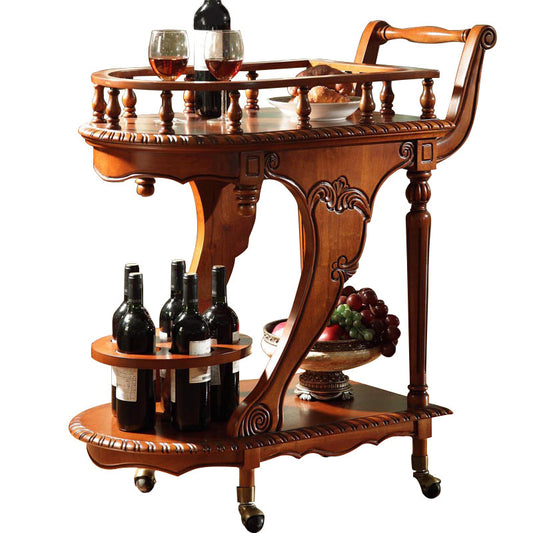 Solid Wood Bar Cart with Wine Storage, Serving Tray and Locking Wheels