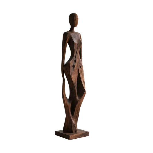 Large Abstract Female Wood Floor Sculpture, Tall Hand Carved Figurative Statue, Brown Wooden Art Decor for Hotel Lobby, Villa, Clubhouse, Entryway, Living Room and Gallery