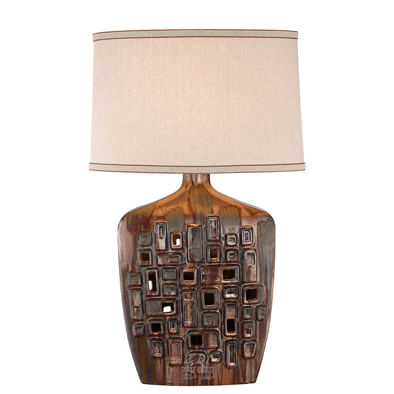 Retro Metallic Glaze Ceramic Table Lamp with Fabric Shade, Hollow Geometric Bedside Lamp with E27 Socket and Button Switch, Decorative Nightstand Lamp for Bedroom Living Room