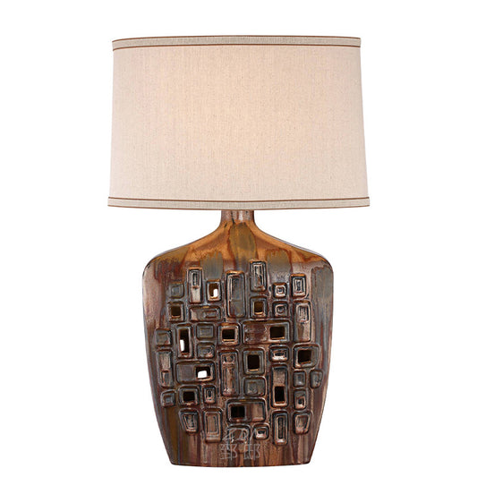 Retro Metallic Glaze Ceramic Table Lamp with Fabric Shade, Hollow Geometric Bedside Lamp with E27 Socket and Button Switch, Decorative Nightstand Lamp for Bedroom Living Room