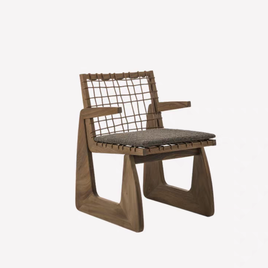 Solid Wood Armchair with Woven Backrest, Modern Wabi Sabi Accent Chair, Ash Wood Lounge Chair with Cushion for Dining Room, Living Room, Cafe, Balcony and Reading Corner