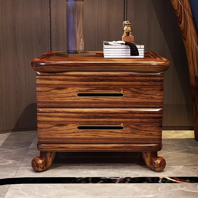 Wenge Wood Nightstand with 2 Drawers and Sculpted Legs