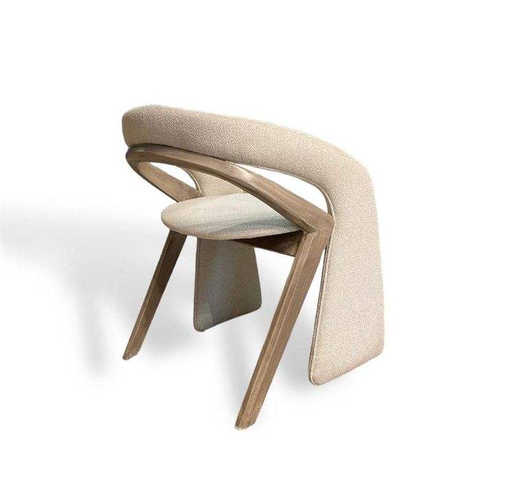 Modern Cream Boucle Dining Chair, Sculptural Upholstered Armchair with Wood Legs, Italian Style Accent Chair for Dining Room, Restaurant, Cafe, Living Room