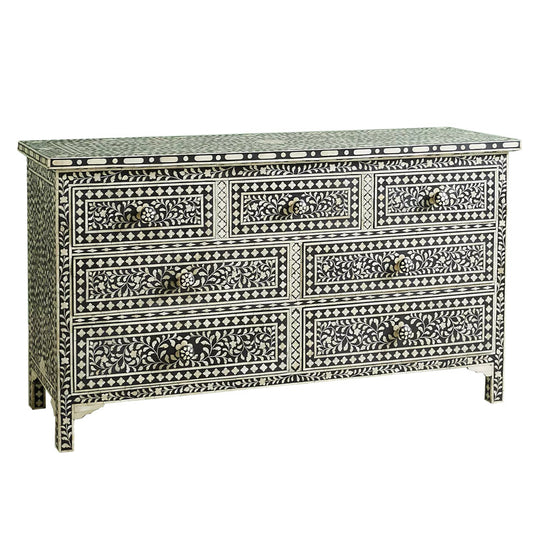 Black Floral 6 Drawer Chest, Hand Painted Style Solid Wood Dresser, Vintage Pattern Accent Storage Cabinet for Entryway, Bedroom, Hallway, Living Room, Dining Room