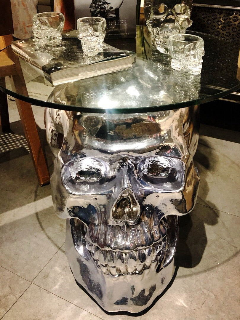 Silver Skull Side Table with Tempered Glass Top, Electroplated Fiberglass Sculptural Accent End Table, Modern Gothic Coffee Table for Living Room, Bar, Lounge, Studio and Small Spaces