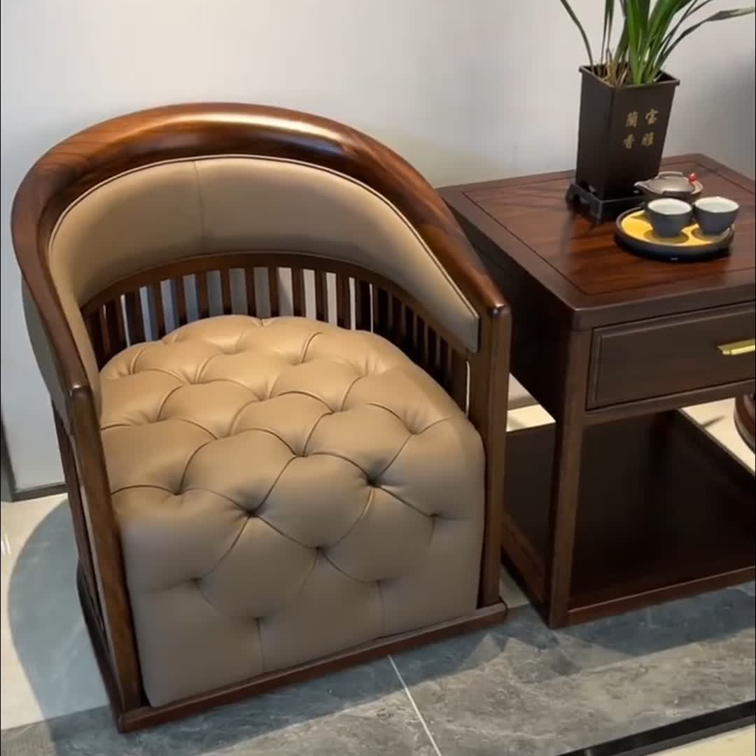 Ash Wood Barrel Accent Chair with Tufted Cushion and Spindle Back
