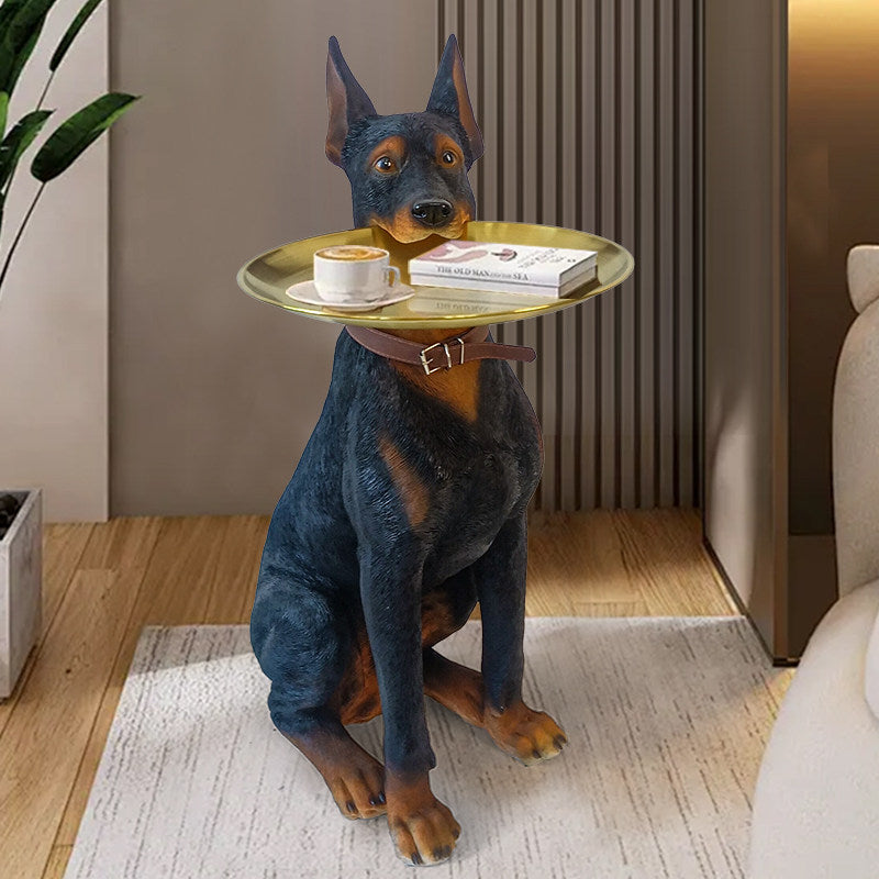 Doberman Dog Statue Tray Holder, Large Resin Dog Floor Decor with Gold Round Tray, Luxury Entryway Storage Stand for Living Room, Hallway, TV Cabinet and Housewarming Gift