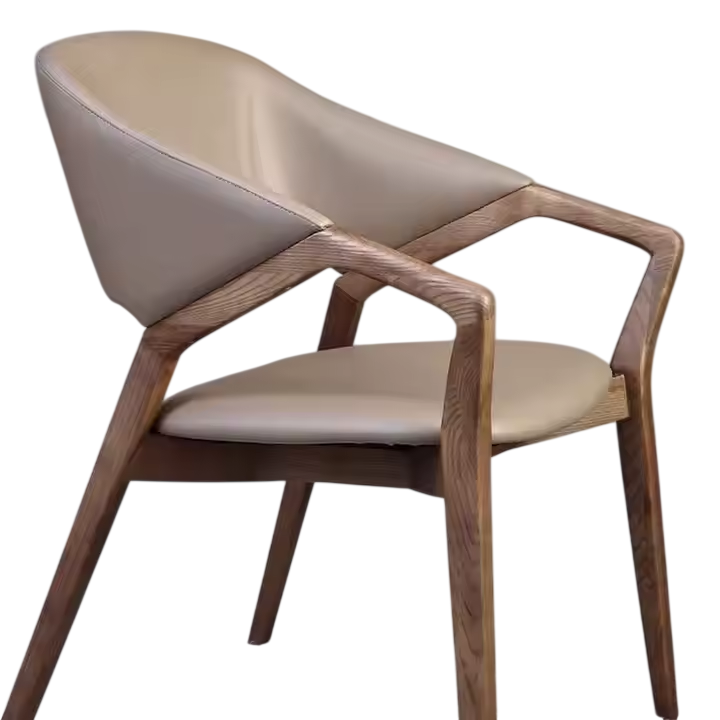 Beige Leather Dining Chair, Solid Wood Arm Chair for Dining Room