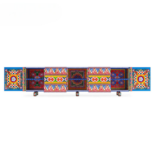 Luxury Extra Long TV Stand Entertainment Center Colorful Artistic Media Console Cabinet Modern Hand Painted Sideboard Storage Cabinet for Living Room Hallway
