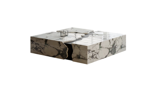White Marble Top Coffee Table with Solid Wood Base for Living Room