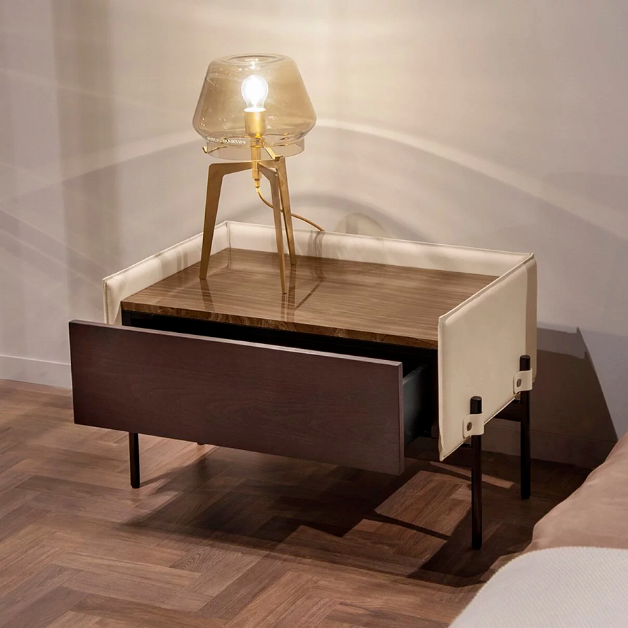 Modern Luxury Nightstand, Rectangular Bedside Table with Dark Wood Drawer and Cream Leather Side Panels, Metal Frame End Table for Bedroom, Hotel Room, Living Room