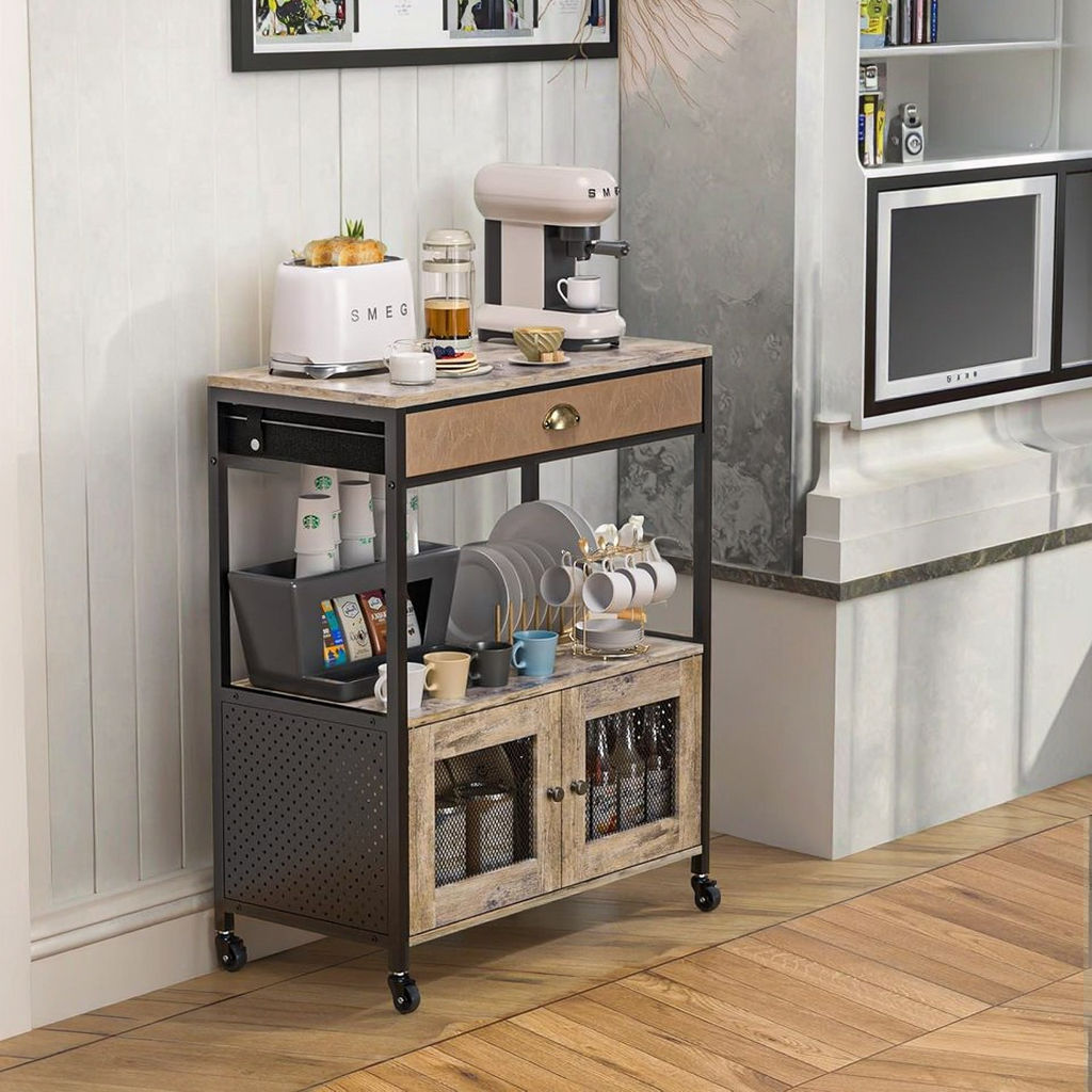 Rustic 3-Tier Rolling Coffee Cart with Drawer and Mesh Door Cabinet