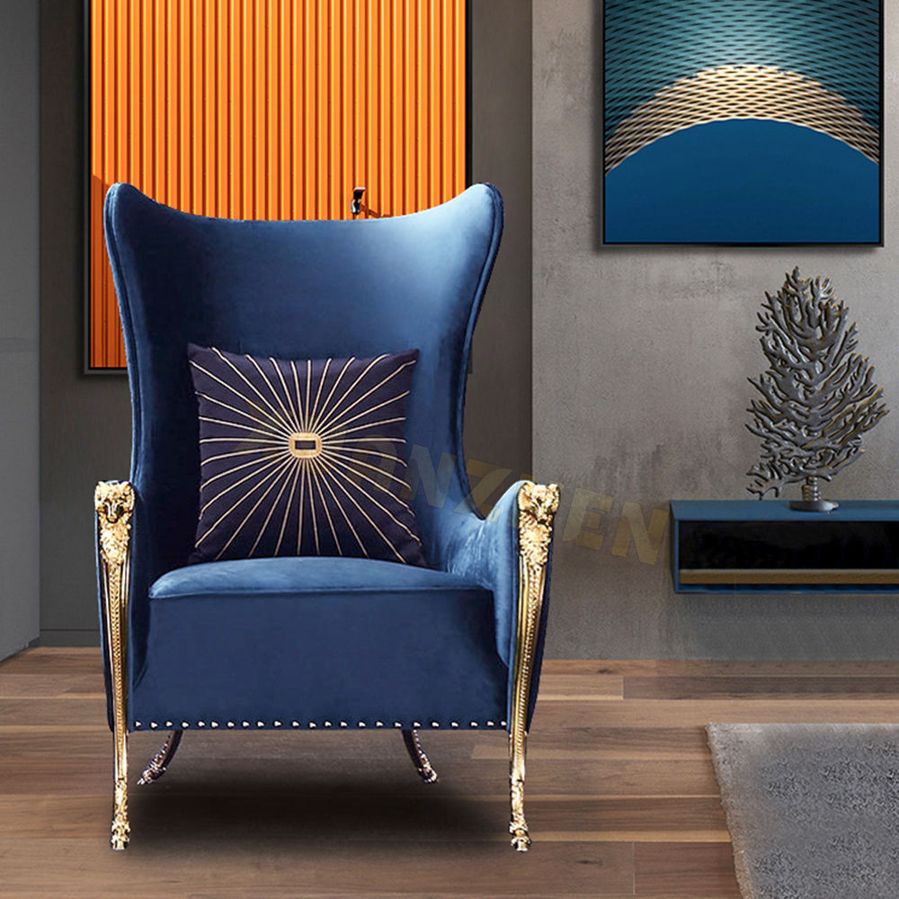 Luxury Blue Velvet Wingback Accent Chair, High Back Upholstered Armchair with Gold Metal Legs, Modern Statement Lounge Chair for Living Room, Bedroom, Hotel Lobby, Reception Area