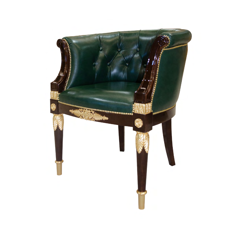 Green Leather Tufted Accent Chair with Carved Wood and Gold Trim