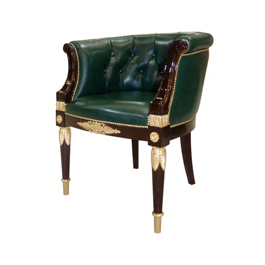 Green Leather Tufted Accent Chair with Carved Wood and Gold Trim