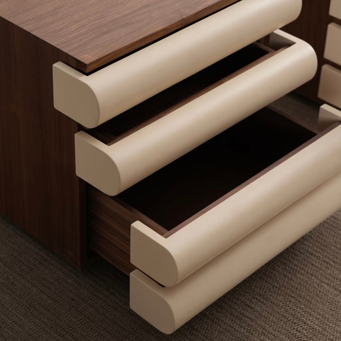 Cream and Walnut Wood Nightstand with 4 Drawers for Bedroom