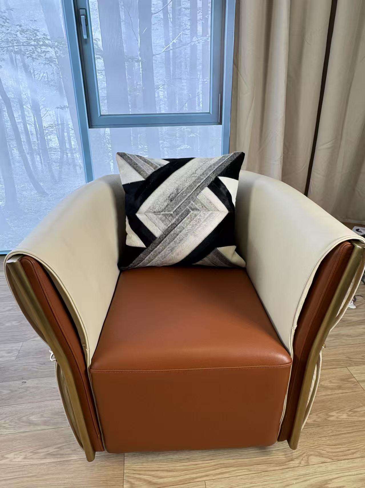 Cream Brown Genuine Leather Swivel Chair with Memory Return