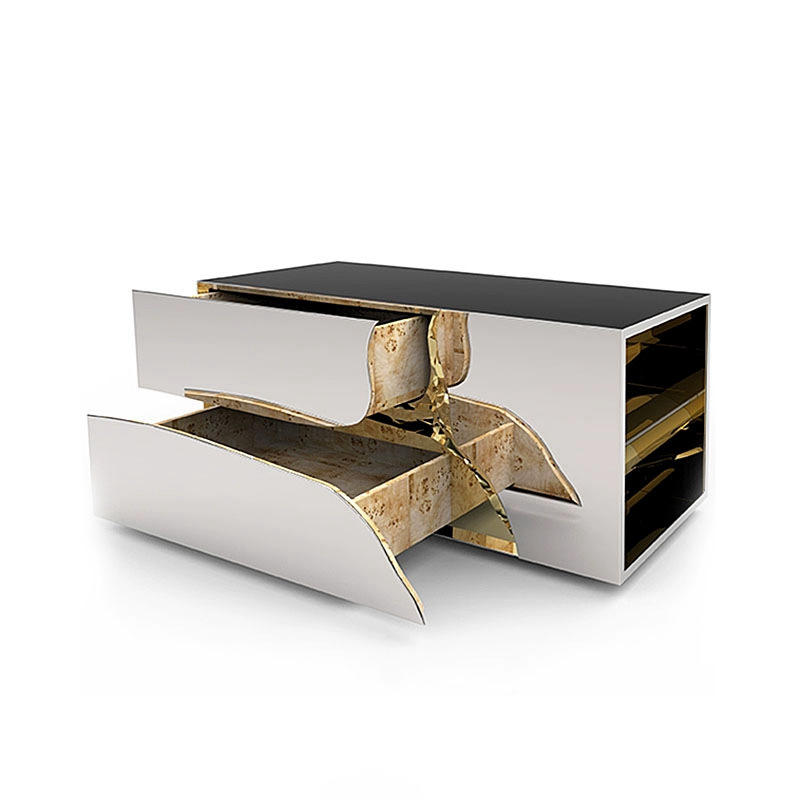 Silver Mirrored Nightstand with Gold Branch Accent for Bedroom