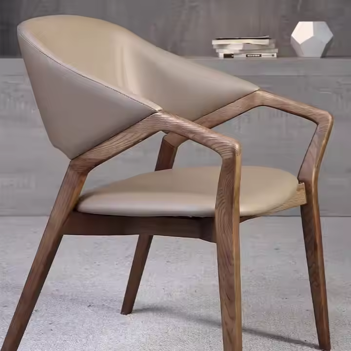 Beige Leather Dining Chair, Solid Wood Arm Chair for Dining Room