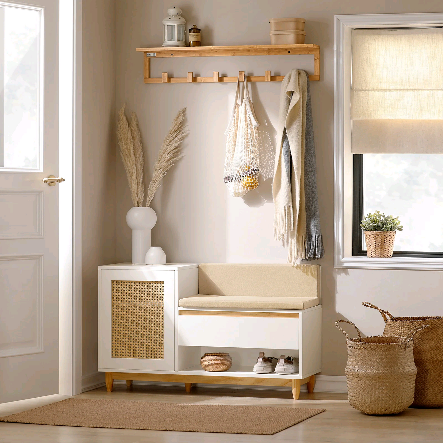 White Shoe Storage Bench with Rattan-Look Door and Cushioned Seat