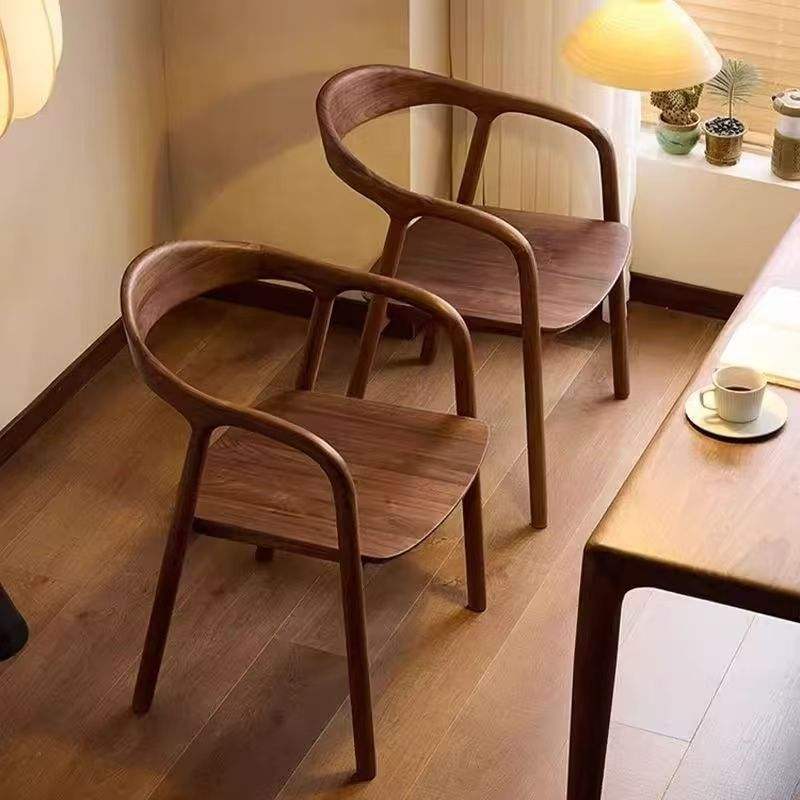 Modern Walnut Wood Dining Chair, Solid Wood Armchair with Curved Backrest, Minimalist Accent Chair for Dining Room, Kitchen, Living Room, Office, Study