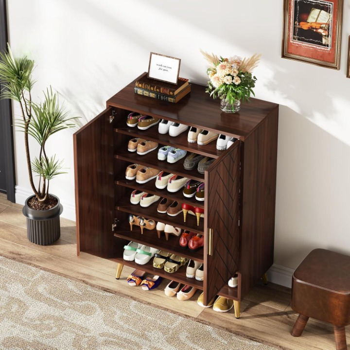 Walnut Shoe Storage Cabinet with Doors for Entryway