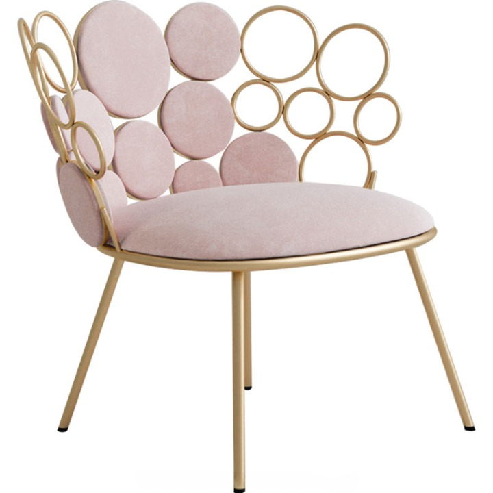 Pink Fabric Gold Metal Circle Back Accent Chair for Living Room