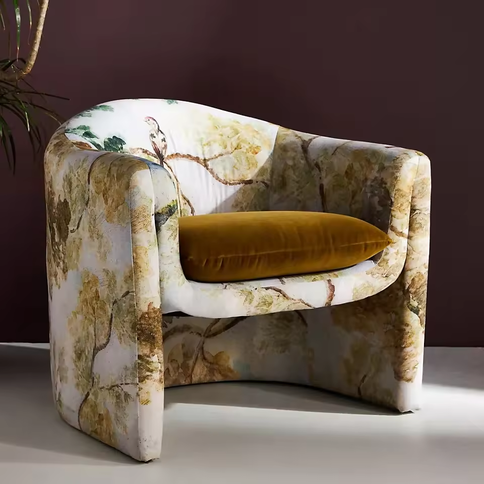 Floral Bird Print Accent Chair with Mustard Velvet Cushion for Living Room