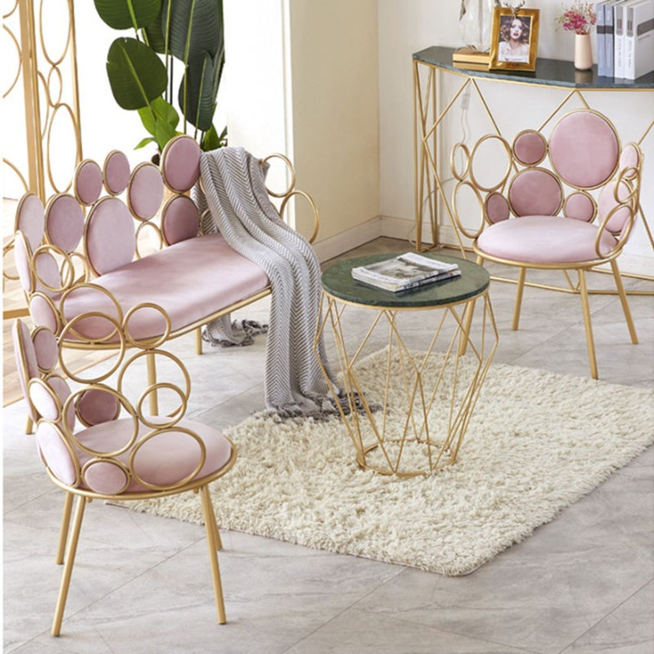 Pink Fabric Gold Metal Circle Back Accent Chair for Living Room