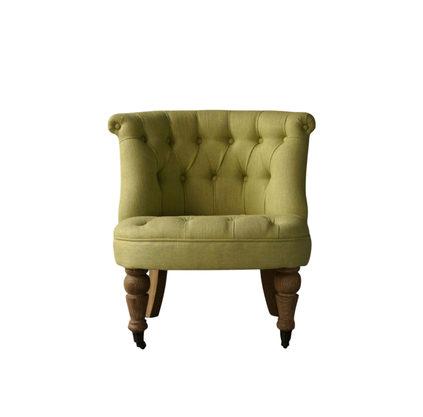 Mustard Green Tufted Accent Chair with Turned Wood Legs and Casters