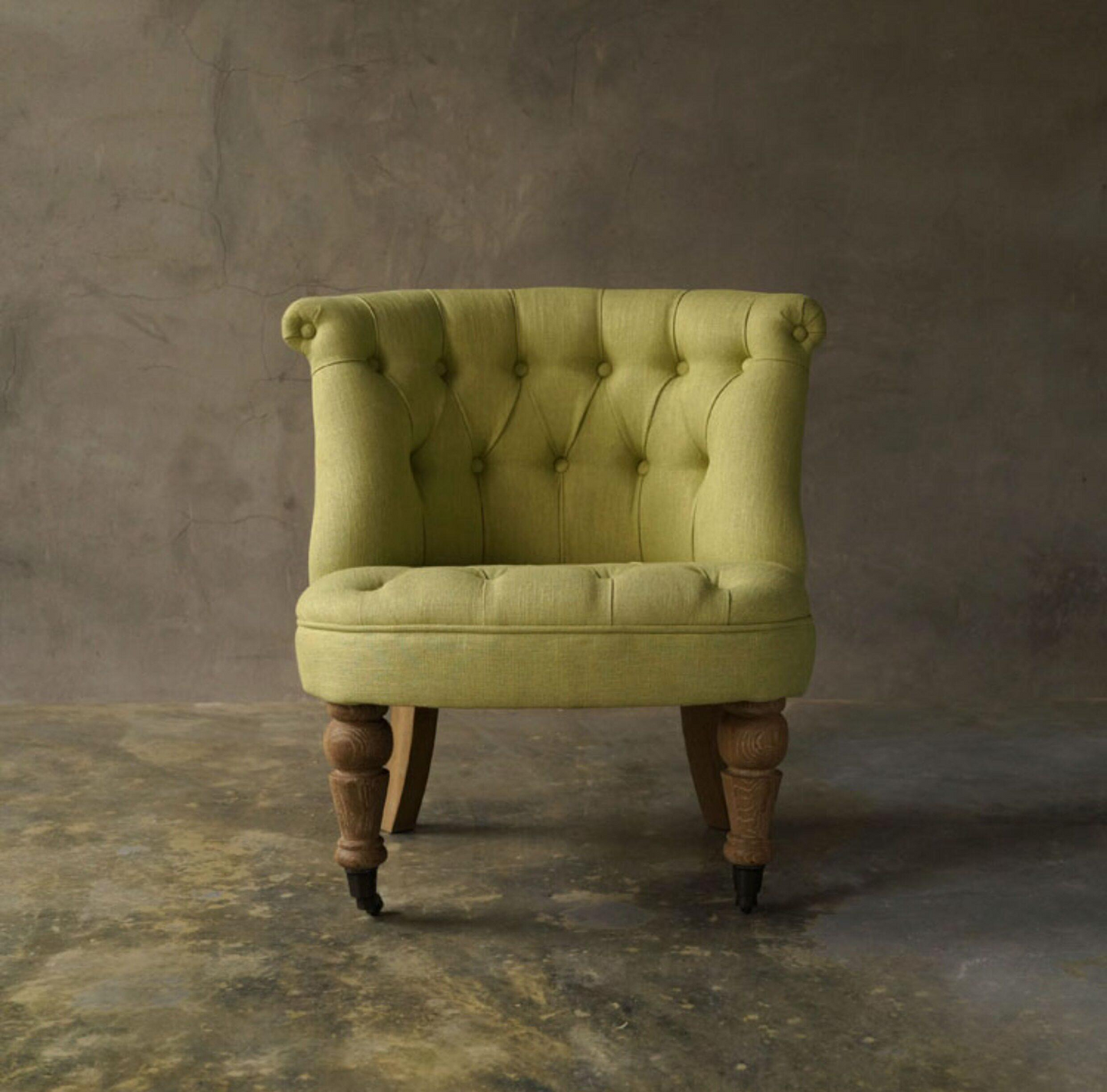 Mustard Green Tufted Accent Chair with Turned Wood Legs and Casters