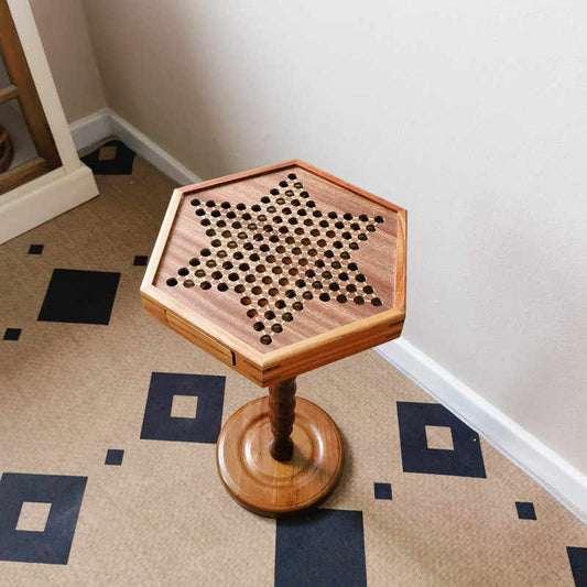Walnut Wood Checkers Side Table with Storage Drawer, Nordic Style Hexagonal Game Table with Turned Pedestal Base