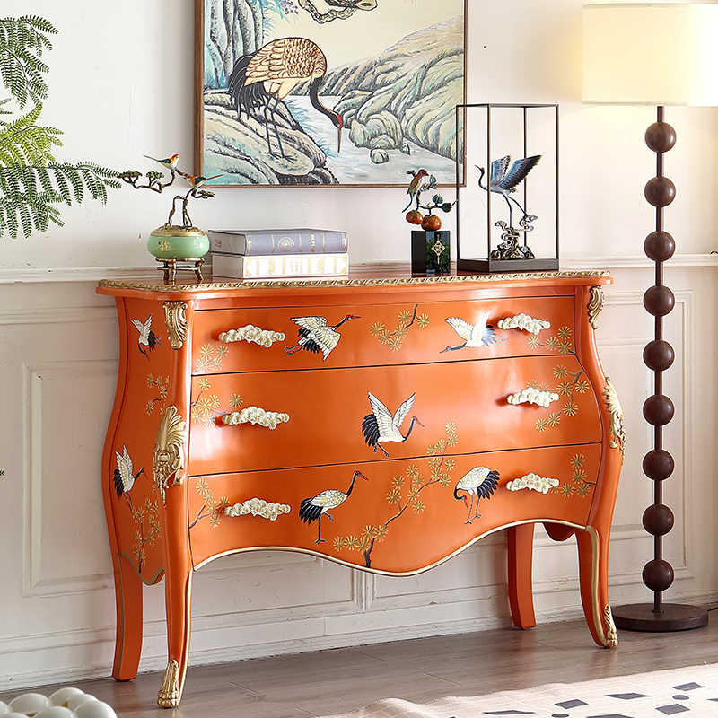 French Chinoiserie Orange Lacquered Console with Hand-Painted Flying Cranes, Traditional Bombé Entry Cabinet