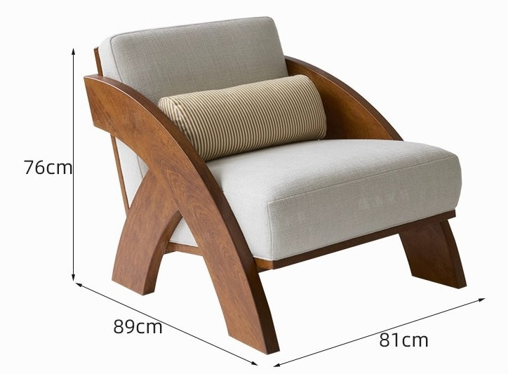 Nordic Minimalist Wooden Lounge Chair – Wabi-Sabi Style Accent Chair with Striped Upholstery, Mid-Century Modern Single Seater for Living Room, Café, Hotel