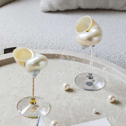 Handmade Luxury Shell Wine Glasses Set of 2, Natural White Seashell Crystal Stem Goblets, Creative Champagne Glasses for Home Bar and Gift