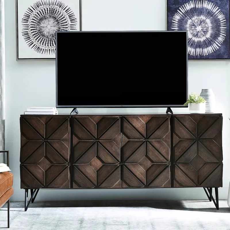 American Vintage Geometric TV Console with Diamond Pattern Relief & Hairpin Legs, Distressed Wood Entertainment Center