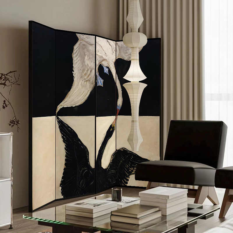 Art Deco Swan Kiss Folding Room Divider, Modern Vintage Four-Panel Metal Screen, Large Hand-Painted Movable Privacy Partition for Living Room, Bedroom, Studio
