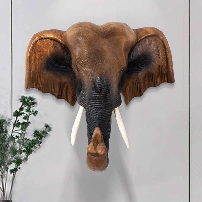 Thai Hand-Carved Wooden Elephant Head Wall Mount, Southeast Asian Style Home Decor Wall Hanging for Living Room & Office