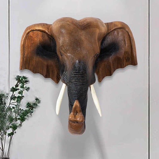 Thai Hand-Carved Wooden Elephant Head Wall Mount, Southeast Asian Style Home Decor Wall Hanging for Living Room & Office