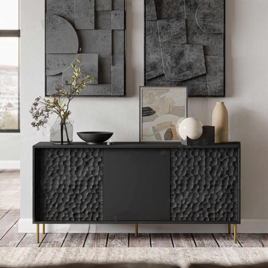 Modern Luxury Black Textured Sideboard Buffet Cabinet, Minimalist Living Room Storage Console, Entryway Cabinet