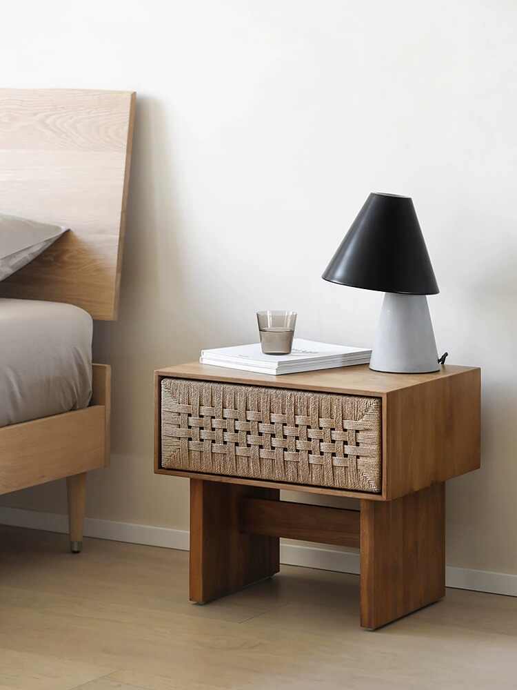 Solid Wood Rope-Woven Nightstand, Minimalist Living Room Bedside Table – Fully Assembled