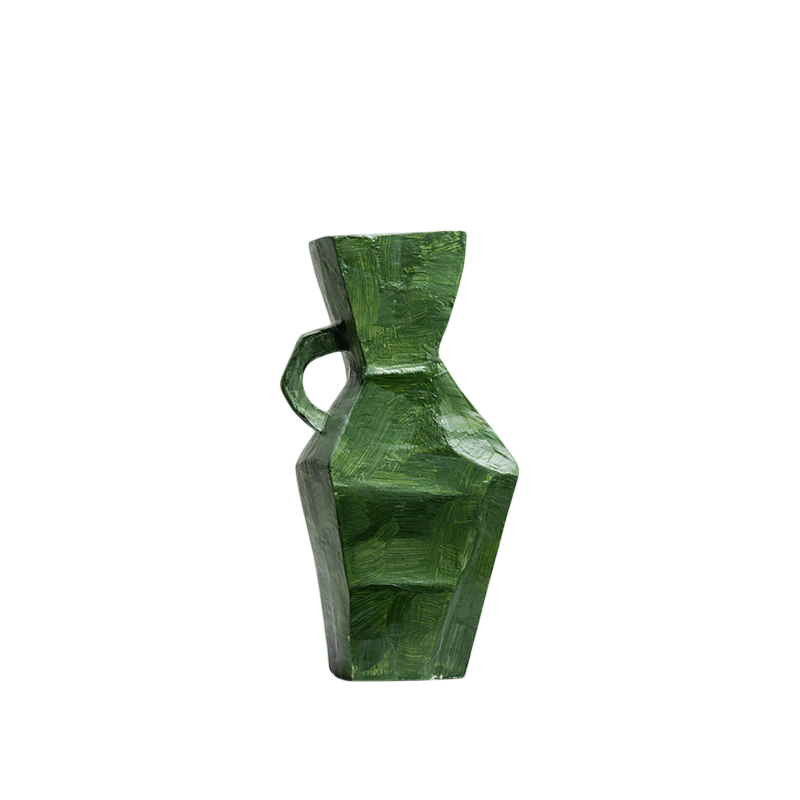 Dark Green Ceramic Vase with Handle, Modern Textured Flower Vessel
