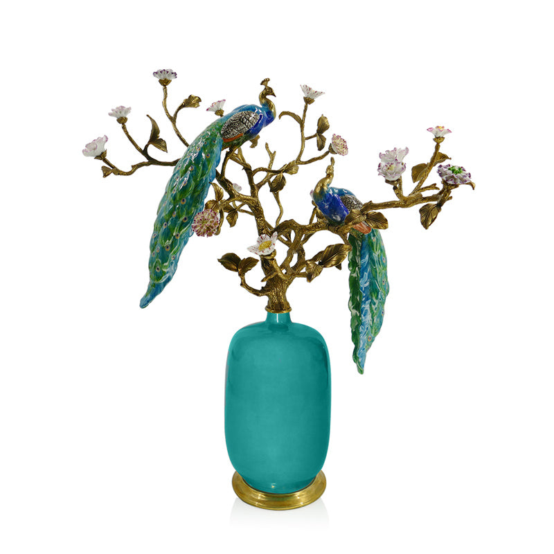 Blue Porcelain and Brass Peacock Sculpture – Luxury Decorative Figurine with Blossom Branches for Living Room, Entryway, Tabletop Décor
