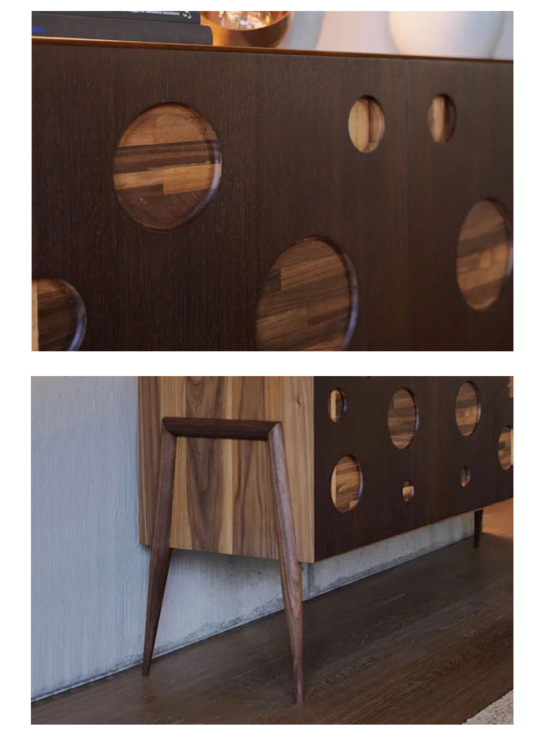 Italian Mid-Century Modern Sideboard with Circular Cut-Out Design, Walnut Wood Credenza with Tapered Legs, Contemporary Storage Cabinet