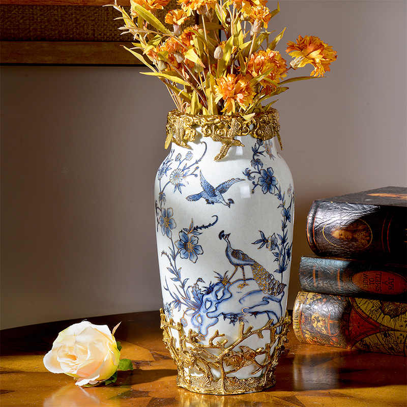 Blue and Gold Peacock Porcelain Vase – Luxury Creative Gilded Ceramic Flower Vase for Living Room, Entryway, and Statement Decor
