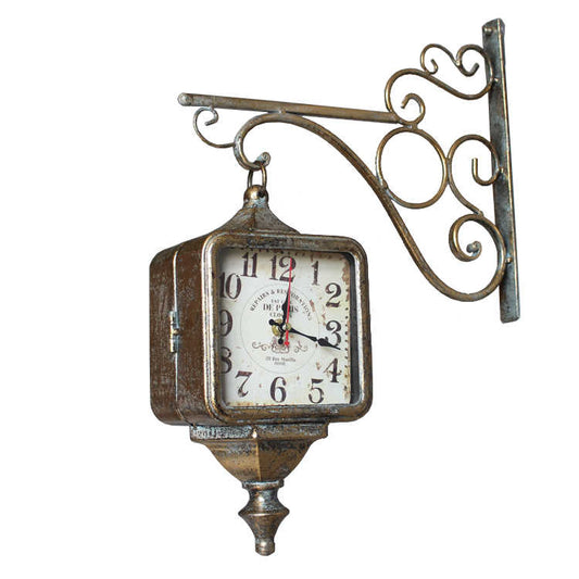 Vintage Double-Sided Wall Clock, Retro Gold Iron Art Silent Quartz Clock, Unique Square Farmhouse Decorative Hanging Clock for Living Room