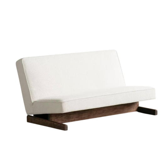 White Armless Loveseat Sofa, Solid Wood Sled Base 2 Seat Lounge Sofa, Low Profile Upholstered Bench Couch for Living Room, Bedroom, Reception Area, Studio and Reading Space